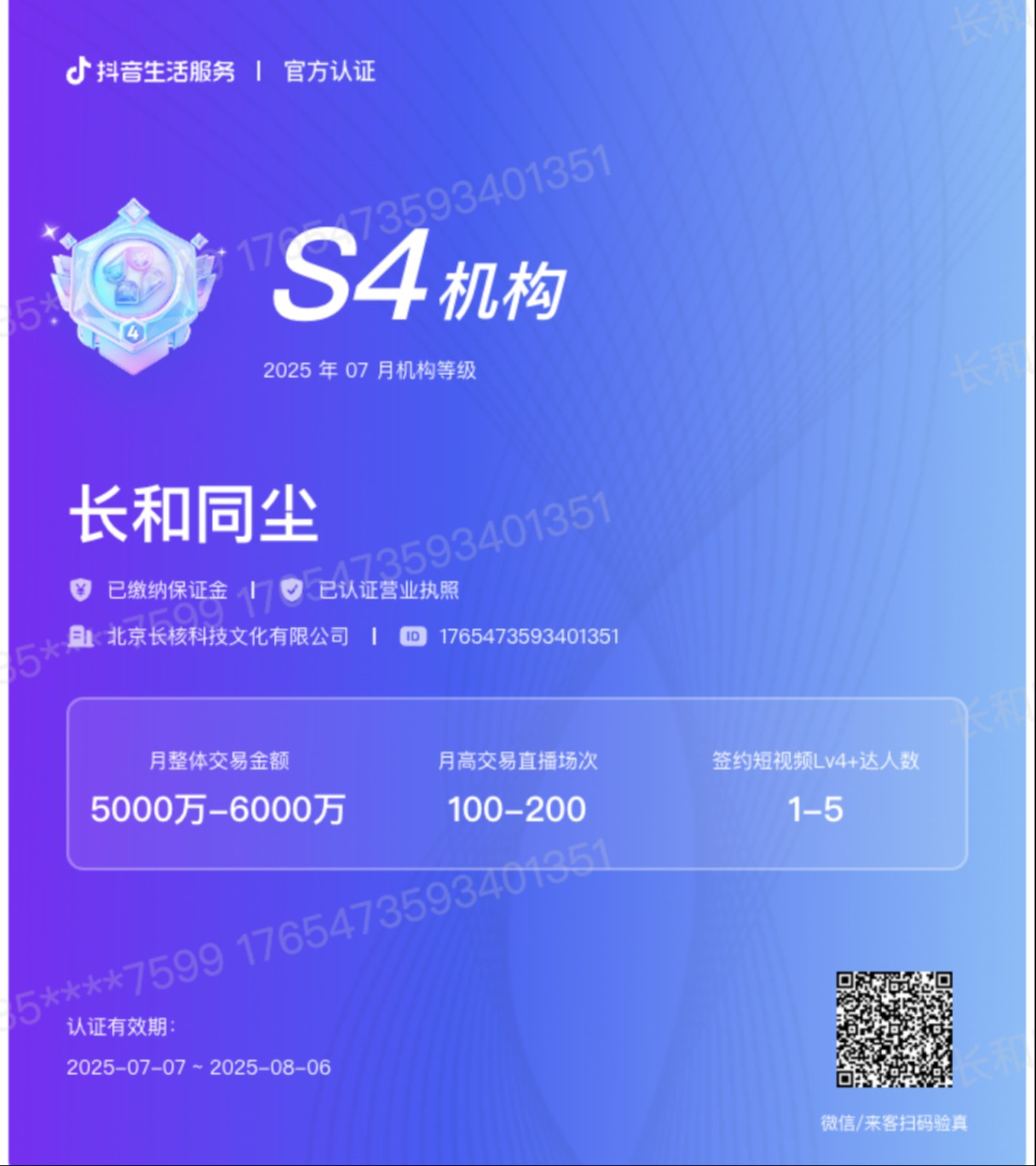 抖音生活服务官方认证：长和同尘获评 MCN S4 级机构（最高等级），月整体交易金额5000万-6000万