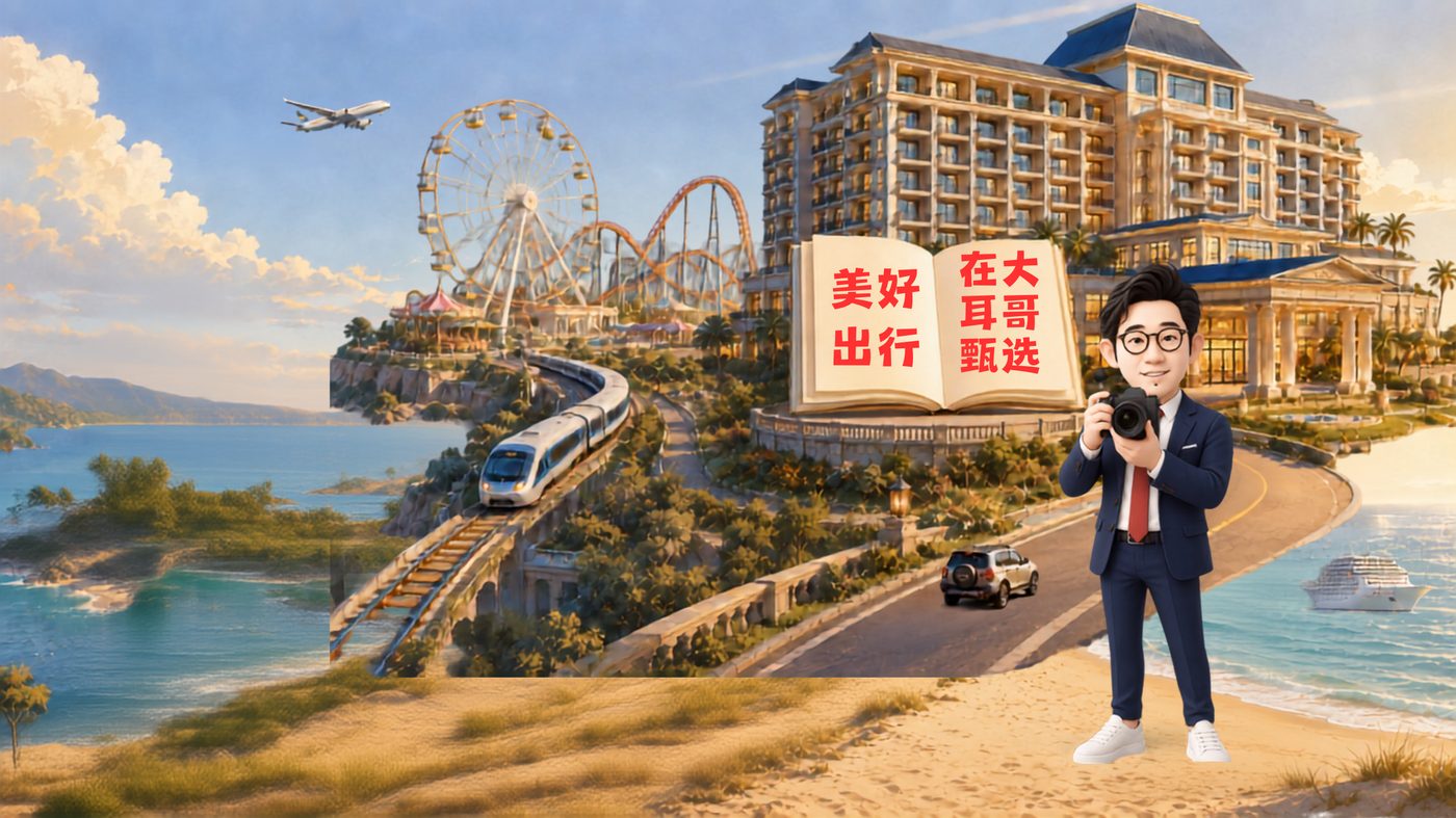大耳哥甄选：在大耳哥甄选，美好出行——酒店、乐园与旅途场景插画